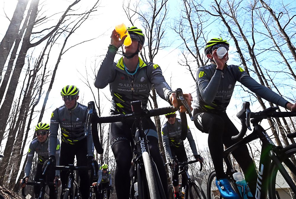 Riders drink up during a ride at the 2019 Arapahoe-Hincapie p/b BMC training camp