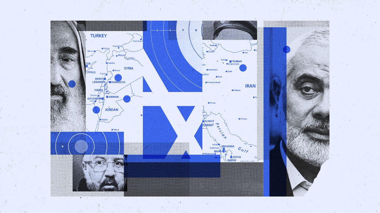 Illustration of Ismail Haniyeh, Ahmed Yassin and Fouad Shukr with a map of the Middle East and colours of the Israeli flag