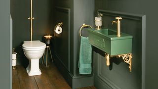 Grreen cloakroom with matching walls and green sink basin key bathroom trend for 2022