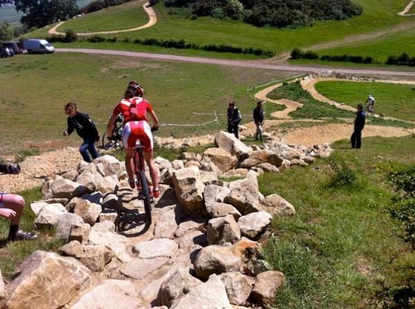 Lea Davison (Specialized) navigates a rocky descent on the 2012 Olympic course.