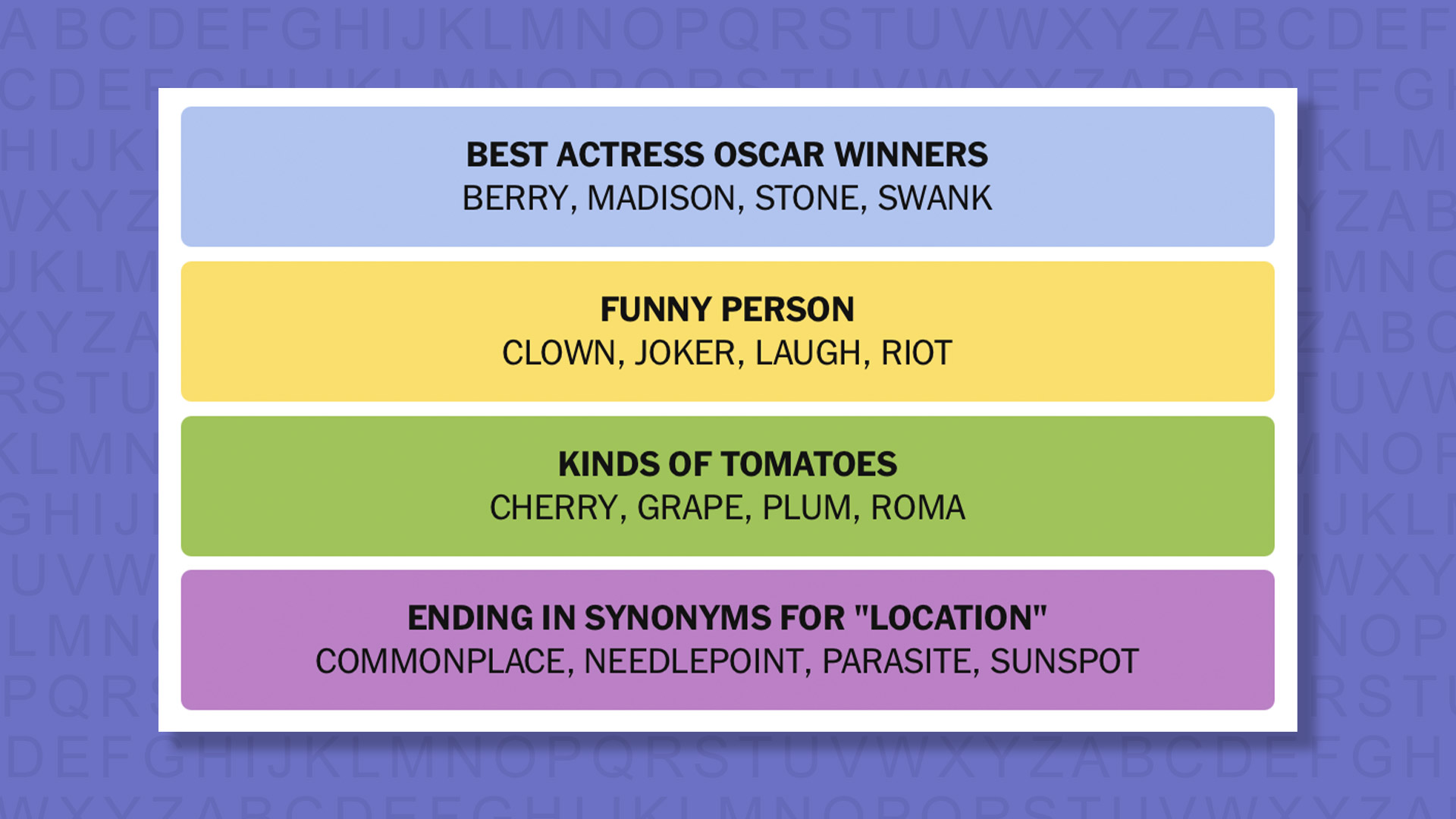 NYT Connections answers for game 891 on a purple background