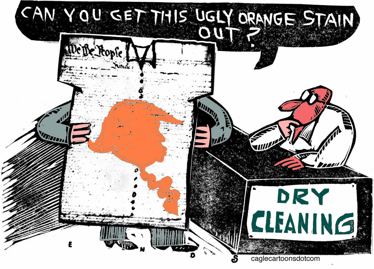 Political Cartoon U.S. Trump stain constitution dry cleaners