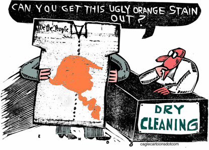 Political Cartoon U.S. Trump stain constitution dry cleaners