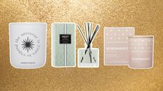A trio of the best home fragrances from Damselfry, Nest New York and Skandinavisk on gold glitter background