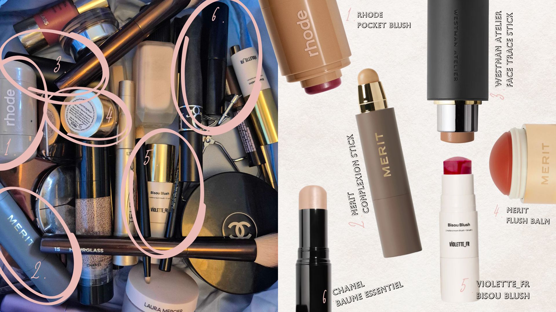 On the left, if a picture of Digital Beauty Writer, Naomi Jamieson's open makeup bag, with all the makeup sticks that she uses circled in pink and on the right, is a product shot of each: the rhode pocket blush, Merit Complexion Stick, CHANEL Essentiel Baume, the Westman Atelier Face Trace stick and Violette_Fr Bisou Blush, all numbered and labelled to match the left image/ and featured on a cream background