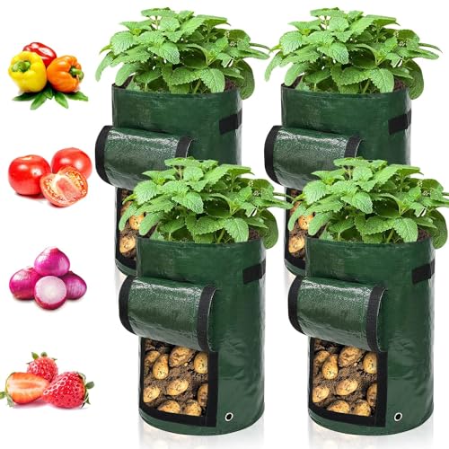 Ram&amp;reg; 4 Pack 7 Gallon Potato Grow Bag Set. Garden Plant Bags for Potatoes, Carrots, Tomatoes, Cucumbers and Other Vegetables. Made in Green Polyethylene Complete