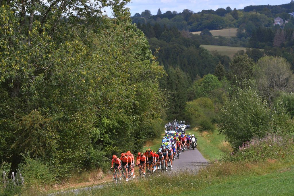 EREZEE BELGIUM AUGUST 19 Guillaume Van Keirsbulck of Belgium Josef Cerny of Czech Republic Jonas Koch of Germany Gijs Van Hoecke of Belgium Nathan Van Hooydonck of Belgium Greg Van Avermaet of Belgium and CCC Team Peloton Landscape during the 41st Tour de Wallonie 2020 Stage 4 a 1994km stage from Blegny to Ereze 334m TourdeWallonie TRW2020 on August 19 2020 in Erezee Belgium Photo by Luc ClaessenGetty Images