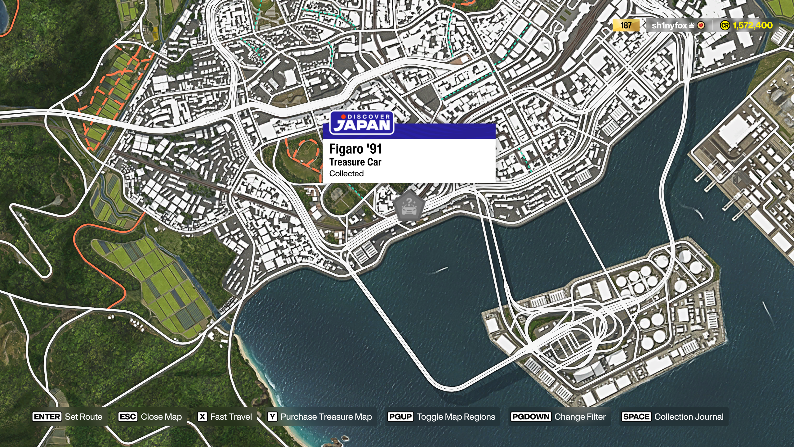 A map location for the Nissan Figaro Treasure Car in Forza Horizon 6.