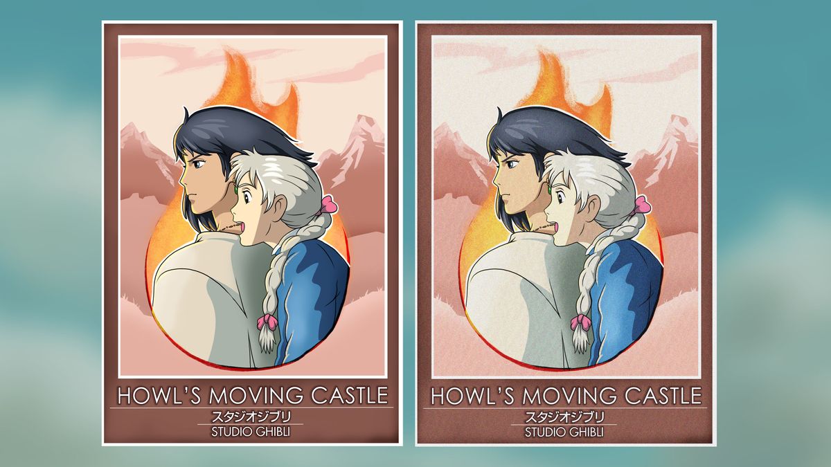 Two comparisons of the same poster showing a before and after of the noise filter in Photoshop