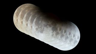 A stacked image showing the progression of a partial lunar eclipse.