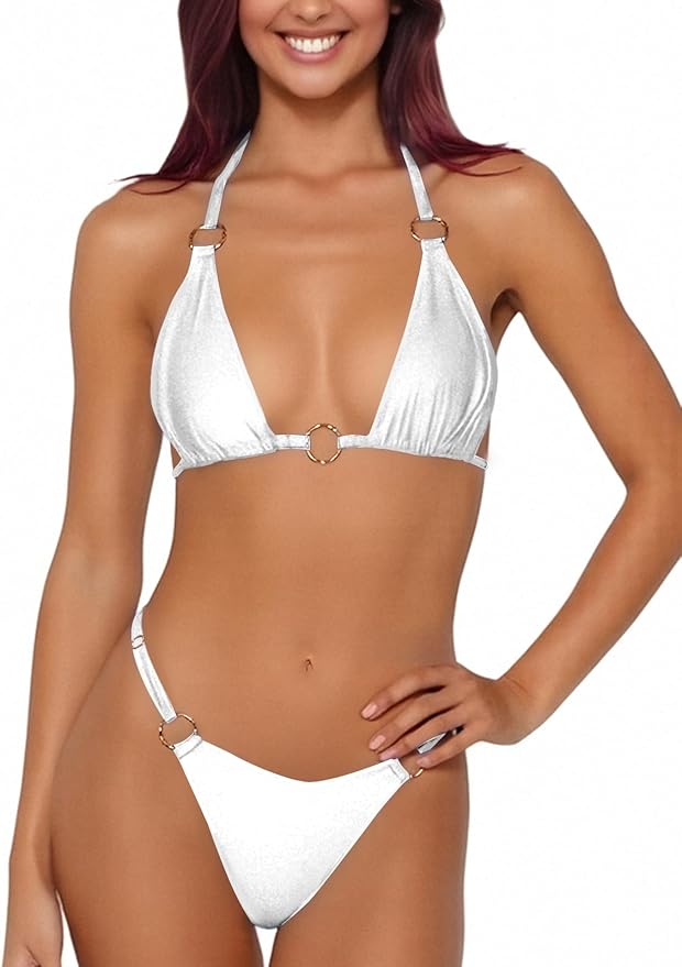 ZRTAK, Women Bikini Set Two Piece Swimsuit Sexy Thong Bathing Suit Halter Triangle Tops Cheeky Bikini (white, Large)