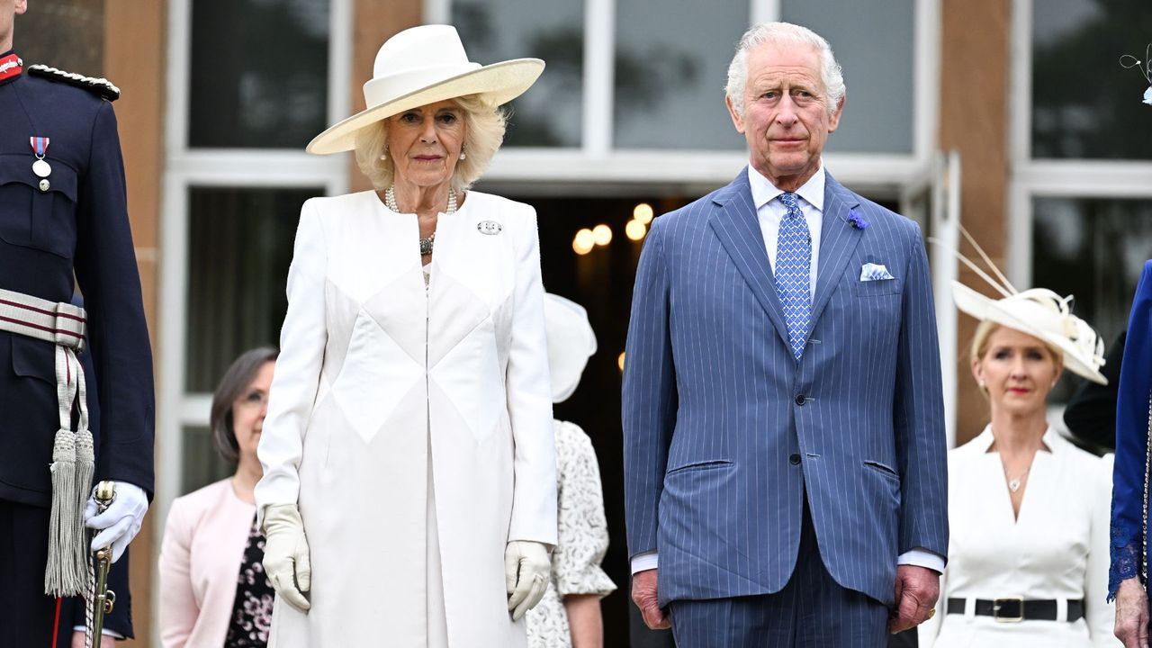 Queen Camilla&#039;s diamond-detailed coat dress was the perfect all-white look for Her Majesty as she joined the King in Northern Ireland 