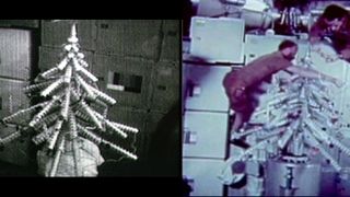 A Christmas tree structure made of cans, aboard the Skylab space station.