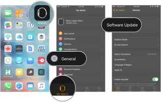 Install watchOS, showing how to open the Watch app, tap General, tap Software Update
