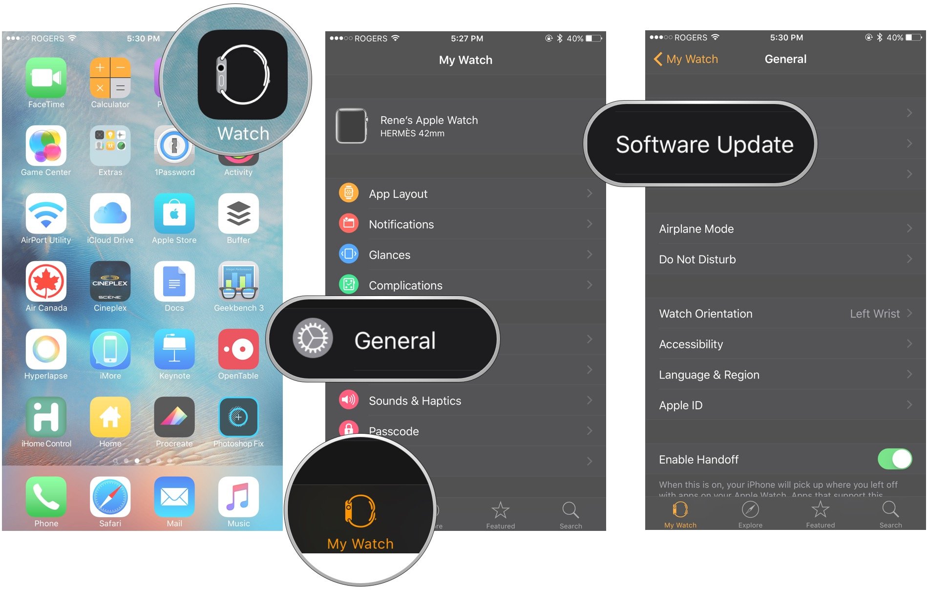 Install watchOS, which shows how to open the Watch app, tap General, tap Software Update