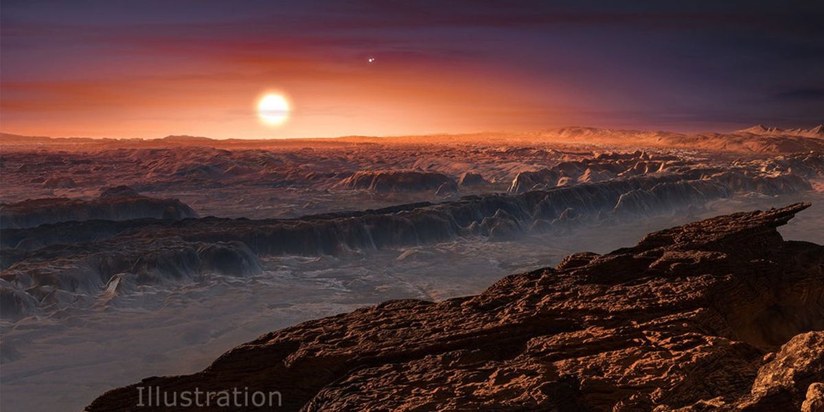 This artist&#039;s impression shows a view of the planet Proxima b orbiting the red dwarf star Proxima Centauri, the closest star to the solar system.