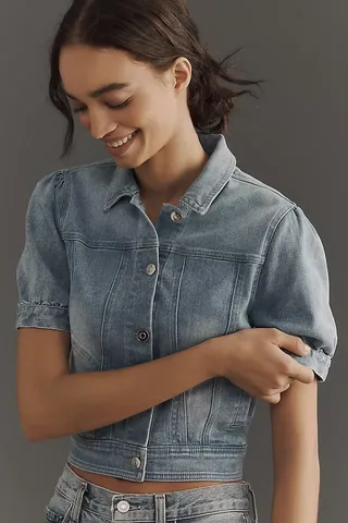 Maeve Cropped Puff-Sleeve Denim Jacket