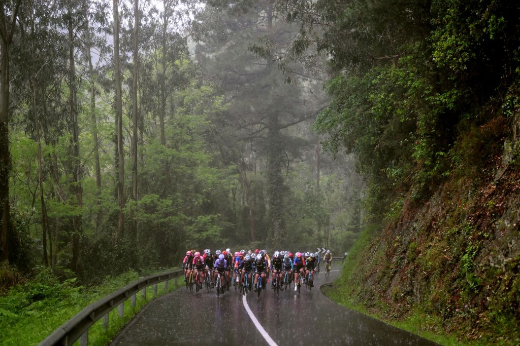MARKINA SPAIN MAY 12 A general view of the peloton passing through a landscape during the 2nd Itzulia Women 2023 Stage 1 a 1222km stage from Etxebarria to MarkinaXemein UCIWWT on May 12 2023 in Markina Spain Photo by Dario BelingheriGetty Images