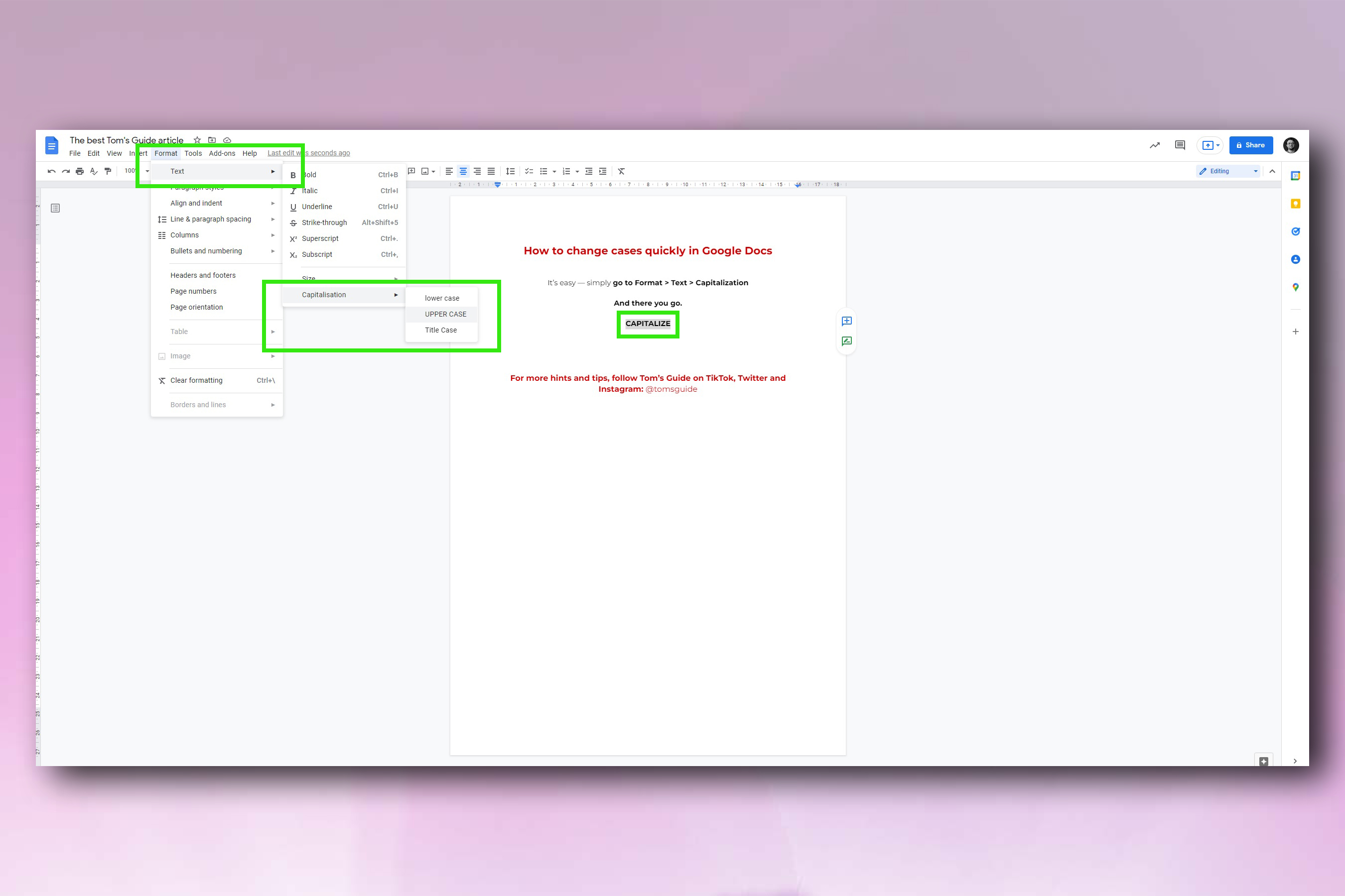 A screenshot of a Google Docs document, with the steps to change case highlighted