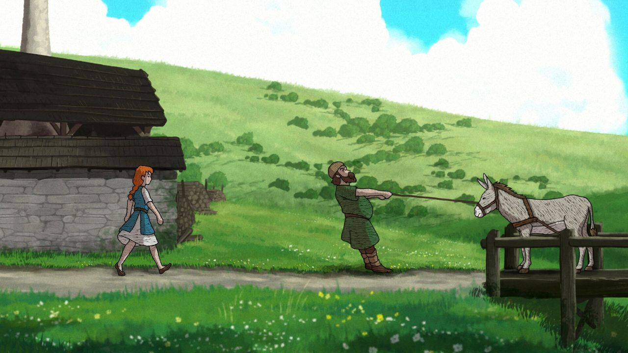 Woman approaches man tugging on donkey cart amid rolling green hills