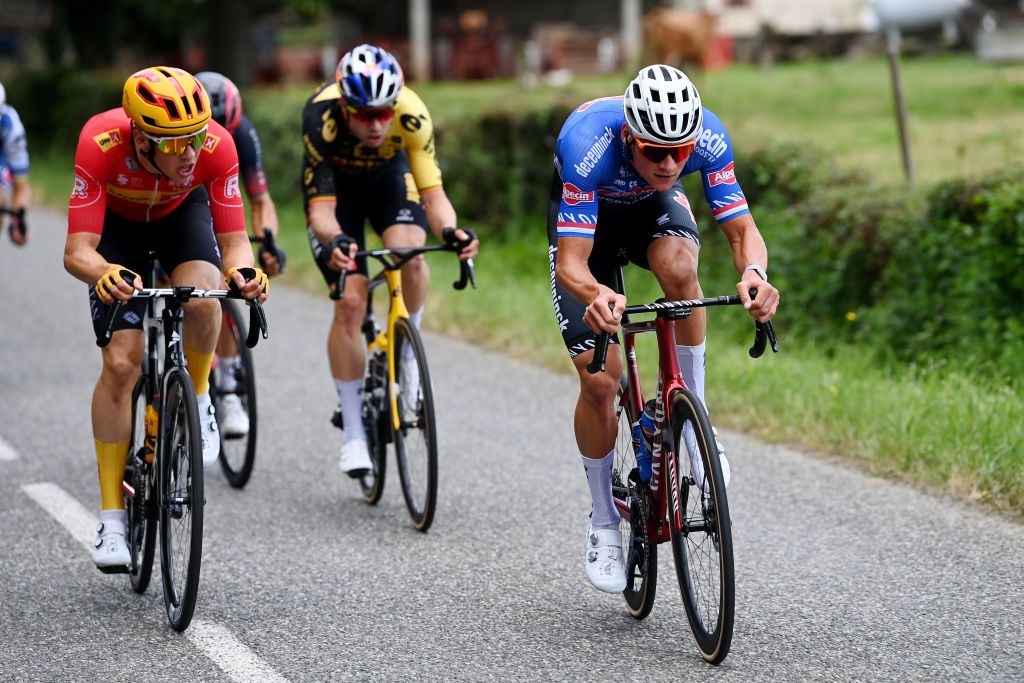CAUTERETSCAMBASQUE FRANCE JULY 06 LR Jonas Gregaard of Denmark and UnoX Pro Cycling Team and Mathieu Van Der Poel of The Netherlands and Team AlpecinDeceuninck attack during the stage six of the 110th Tour de France 2023 a 1449km stage from Tarbes to CauteretsCambasque 1355m UCIWT on July 06 2023 in CauteretsCambasque France Photo by Tim de WaeleGetty Images