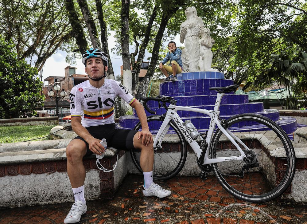 Colombian cyclist Sergio Henao takes a break during the Giro de Rigo ride in San Rafael