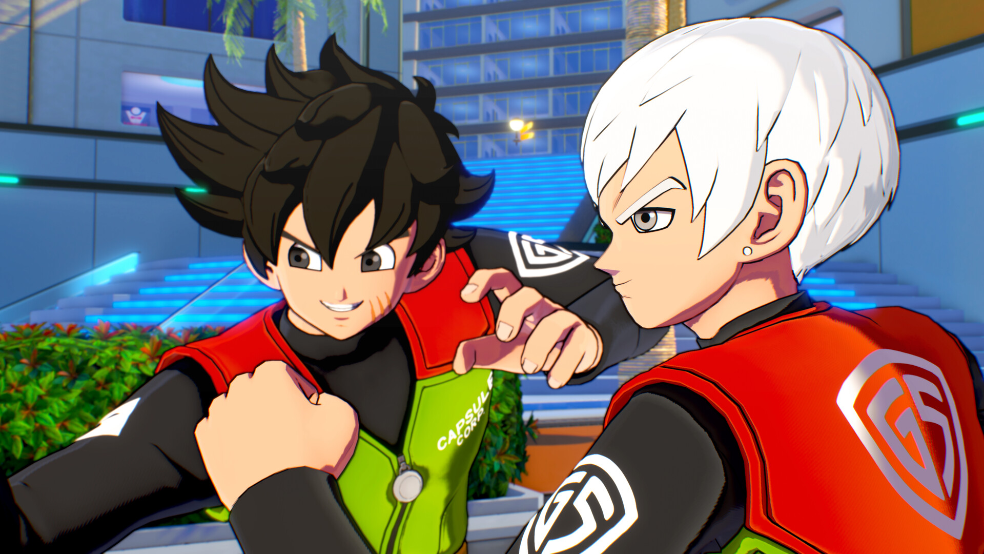 Brett and the customizable protagonist stand side by side and pose for a fight in 3D fighting game, Dragon Ball Xenoverse 3