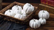 White mini pumpkins in wicker basket on dark wooden table