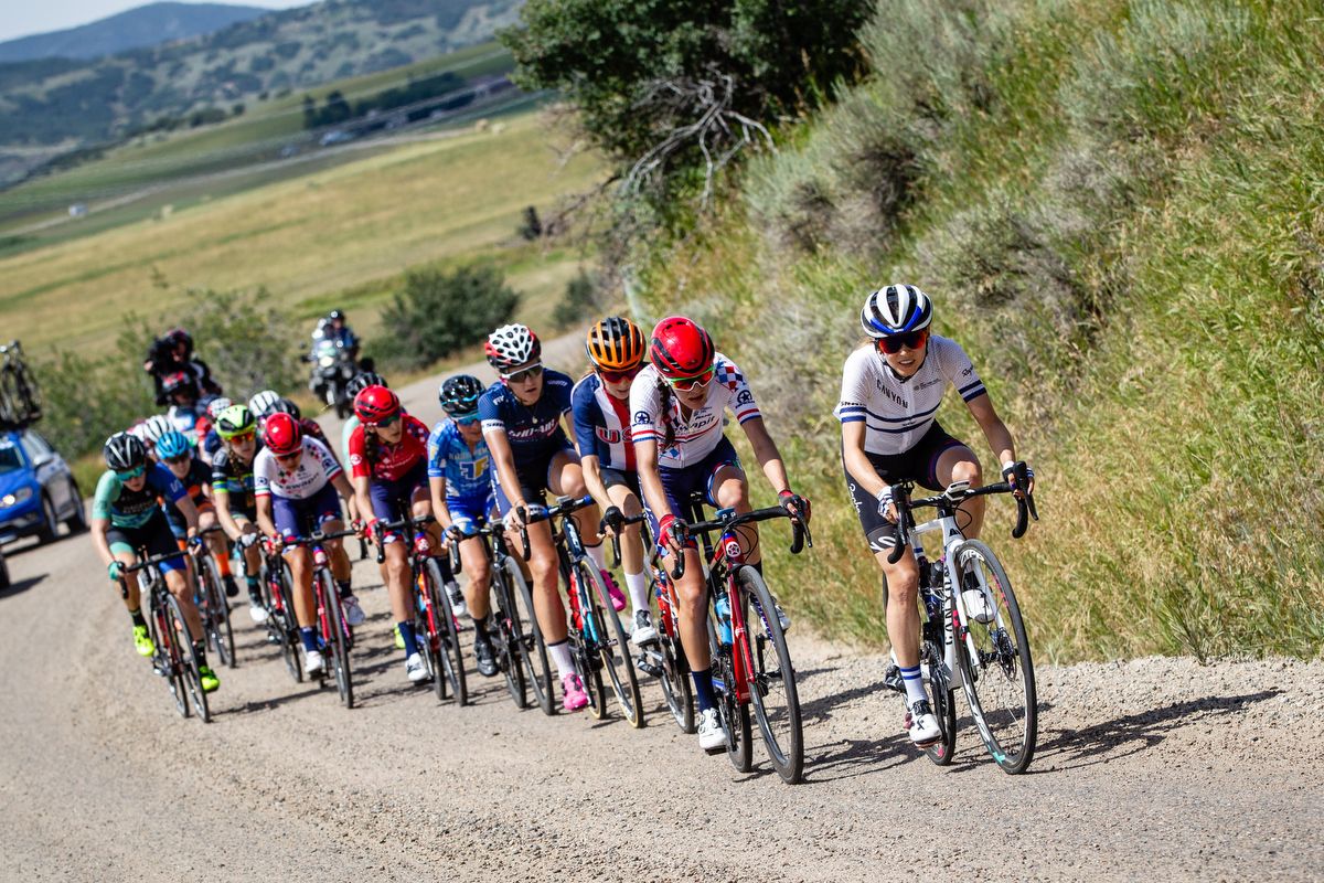 What's left of the front of the peloton makes it way through the gravel section on stage 1 of the Colorado Classic on August 22, 2019 in Steamboat Springs, Colorado.