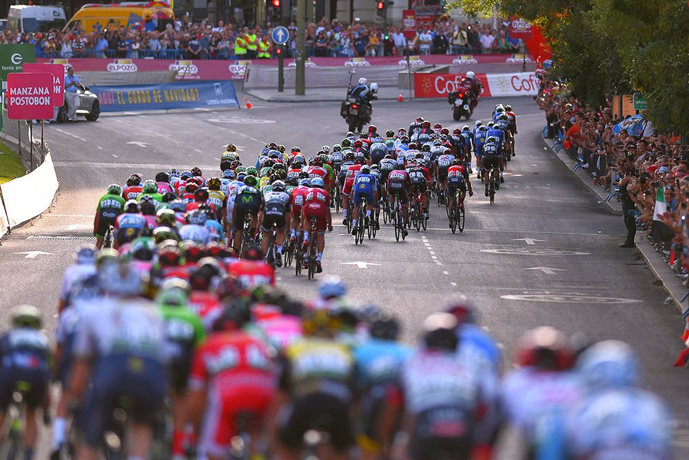 The peloton snakes its way through Madrid during the final Vuelta stage