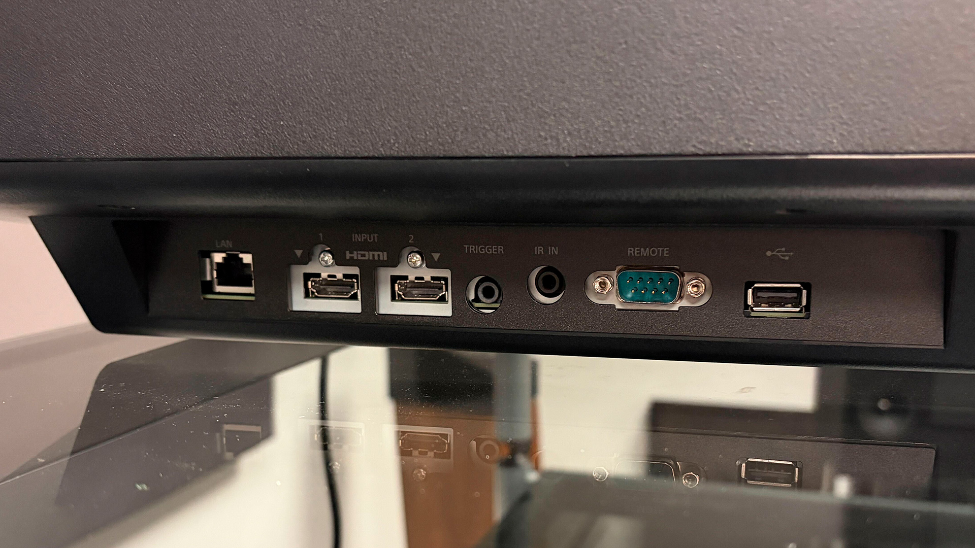 Sony Bravia Projector 7 home cinema projector on glass surface close-up on connections