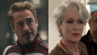 Tony Stark in Avengers: Endgame in time travel suits and Meryl Streep in the Devil Wears Prada side-by-side