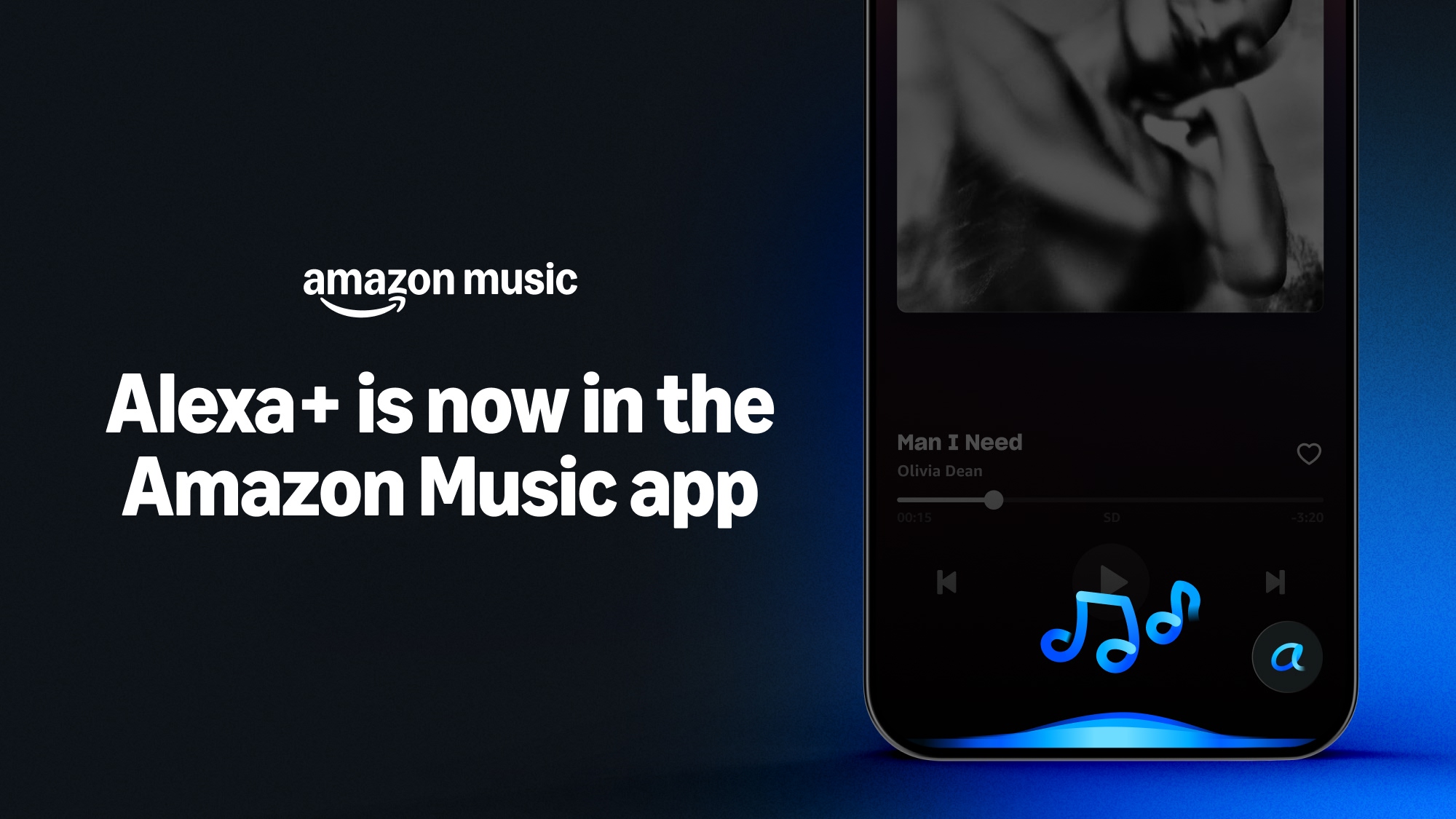 Amazon Music&#039;s Alexa+ app integration poster, showing a blue smartphone screen with musical notes