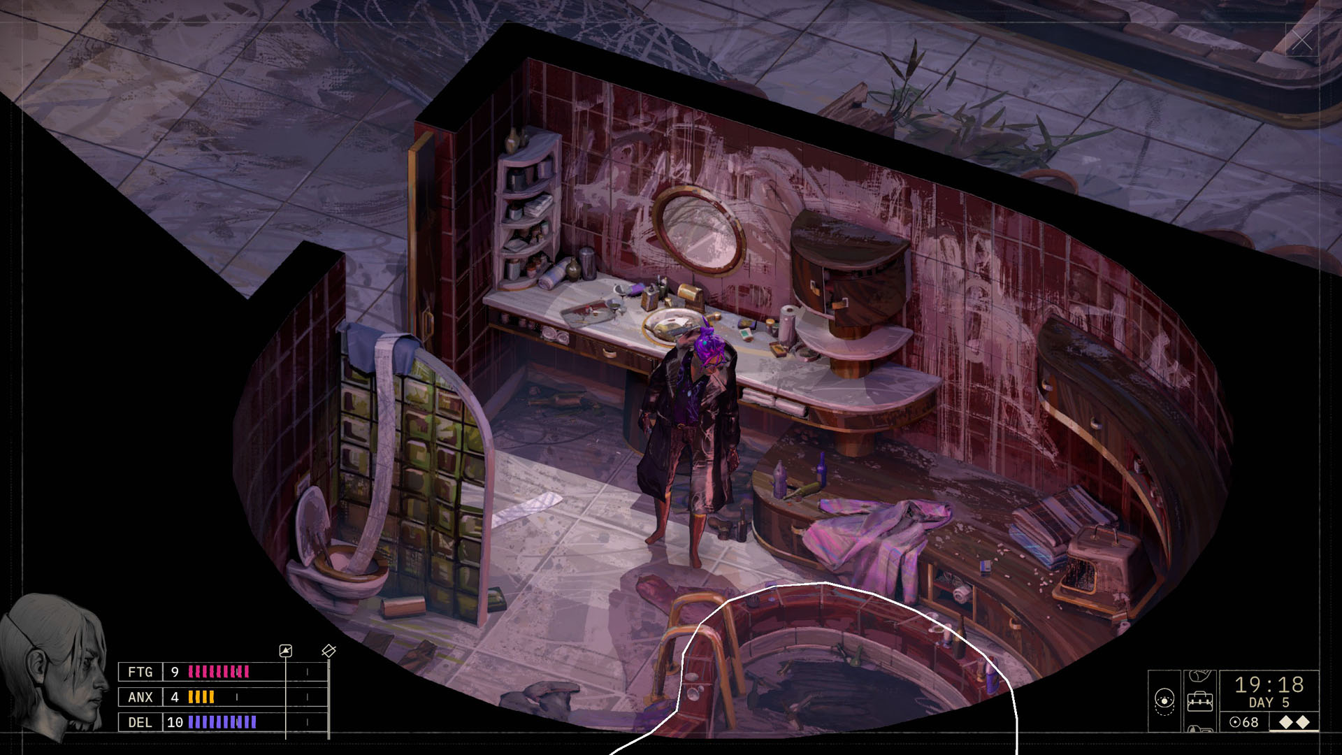 Exploring a penthouse's dirtied bathroom post party in Zero Parades: For Dead Spies
