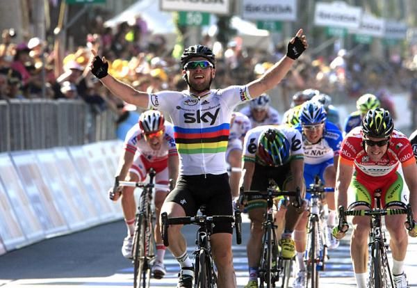 World champion Mark Cavendish (Sky) celebrates victory in stage 5 of the Giro d'Italia.