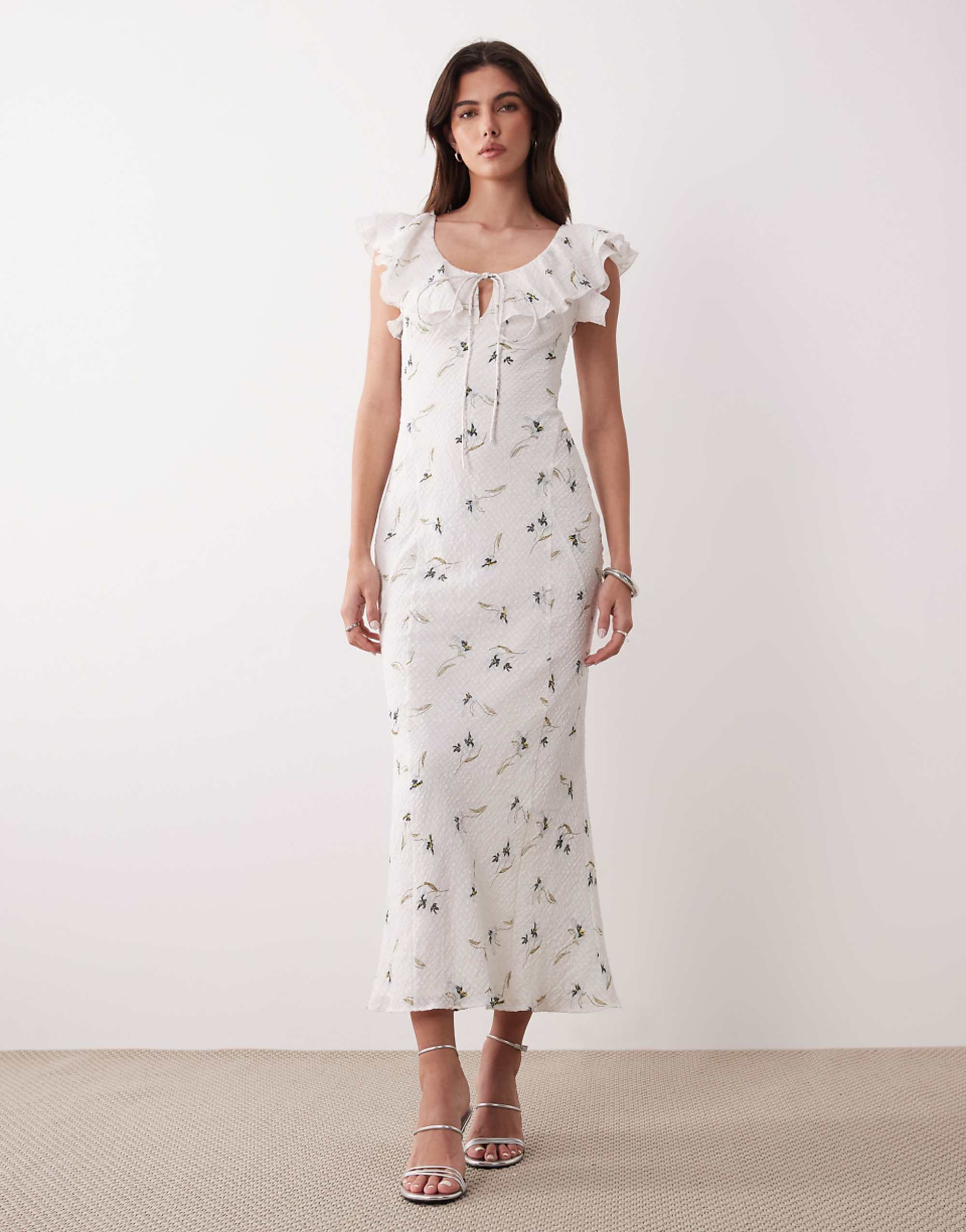 Asos Design Ruffle Sweetheart Neckline Textured Maxi Dress in Cream With Blue Floral Print