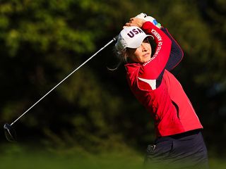 Nelly Korda hitting a driver at the Solheim Cup