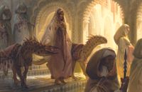A digital painting showing a fantasy scene featuring a queen and her pet creatures
