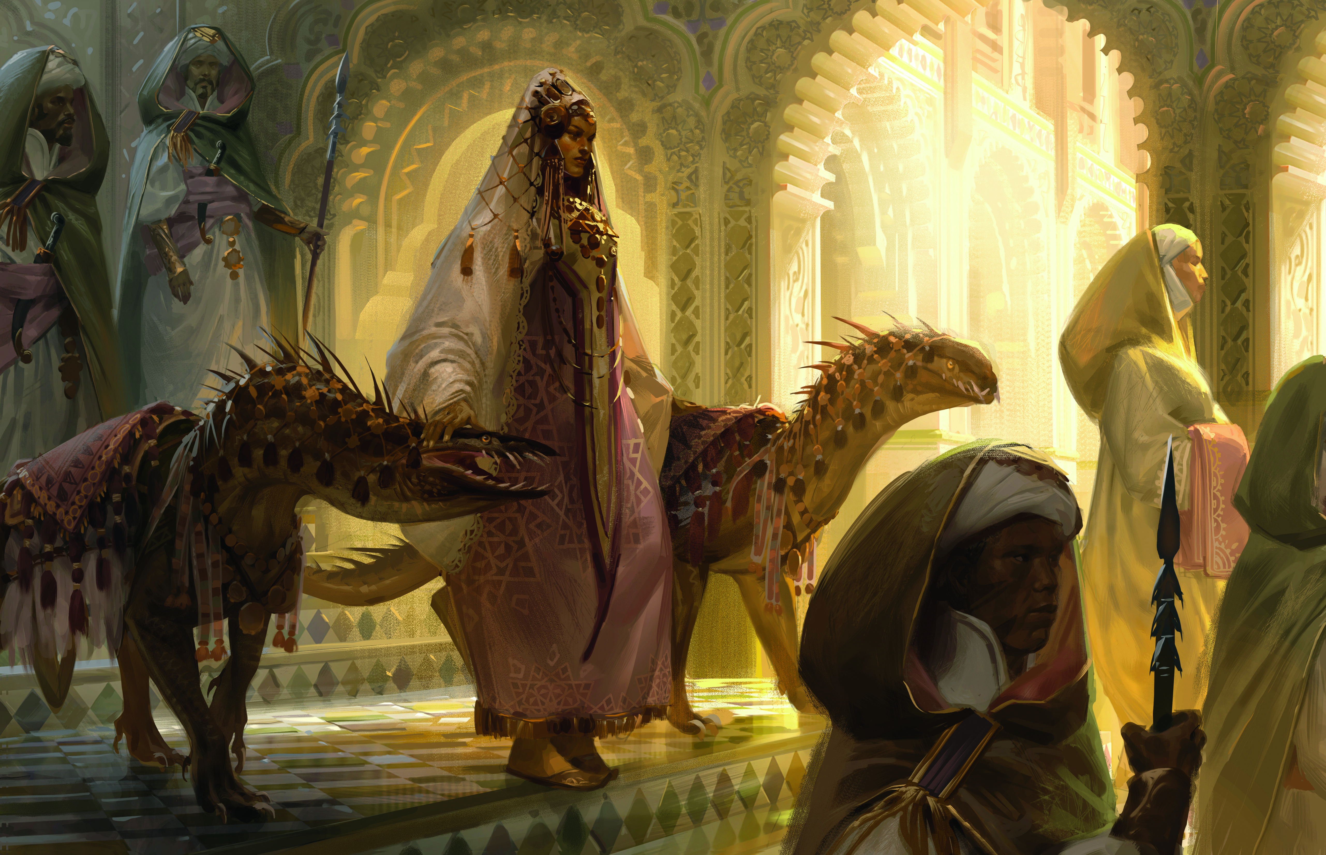 A digital painting showing a fantasy scene featuring a queen and her pet creatures