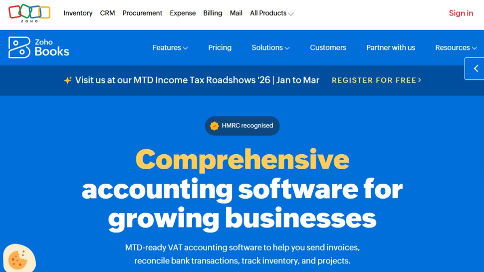 Zoho Books website screenshot (February 2026).
