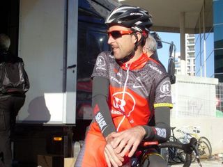 Haimar Zubeldia waits for his team-mates at the start of the team's second training ride.