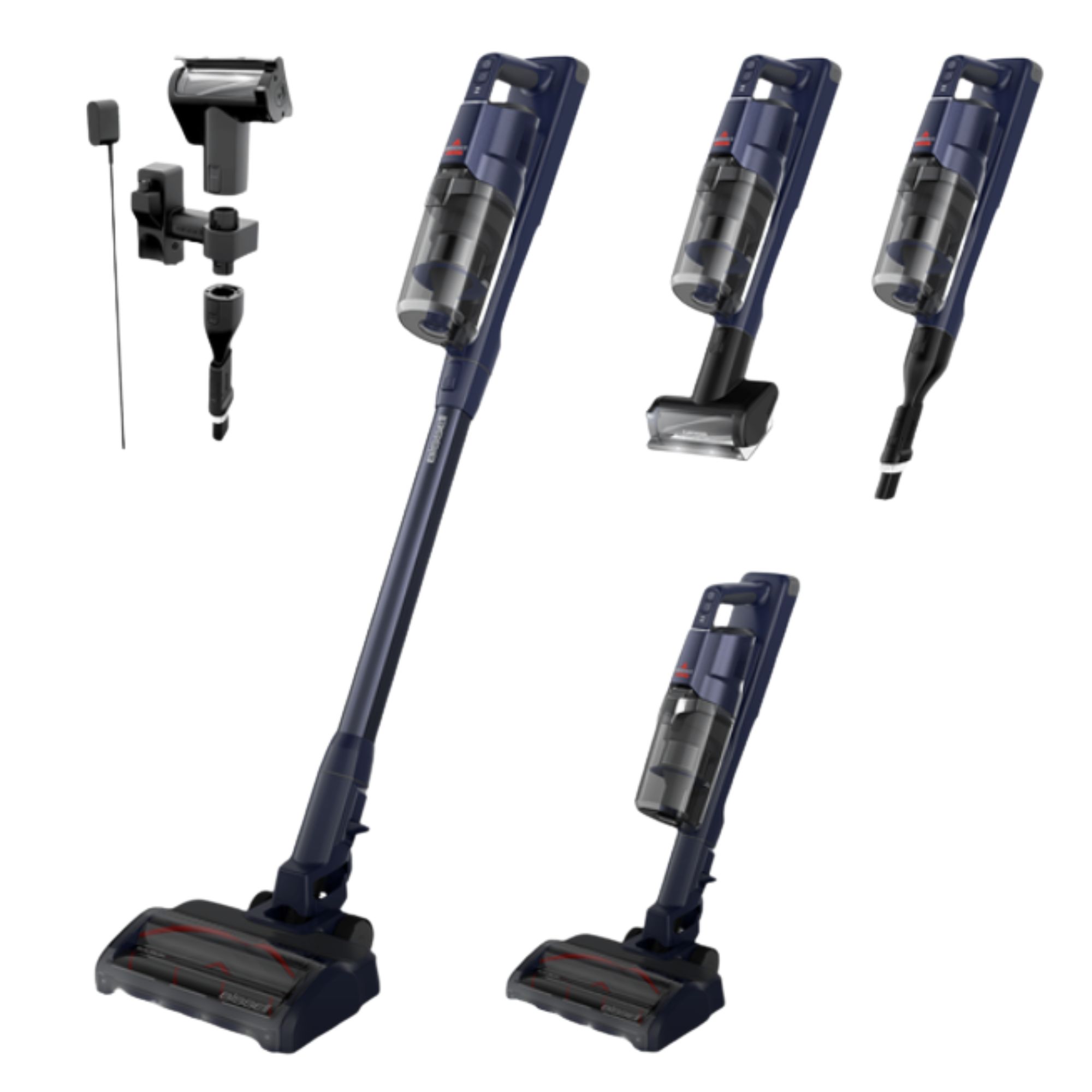 The cordless black Bissell PowerClean DualBrush shows in full and mini mode