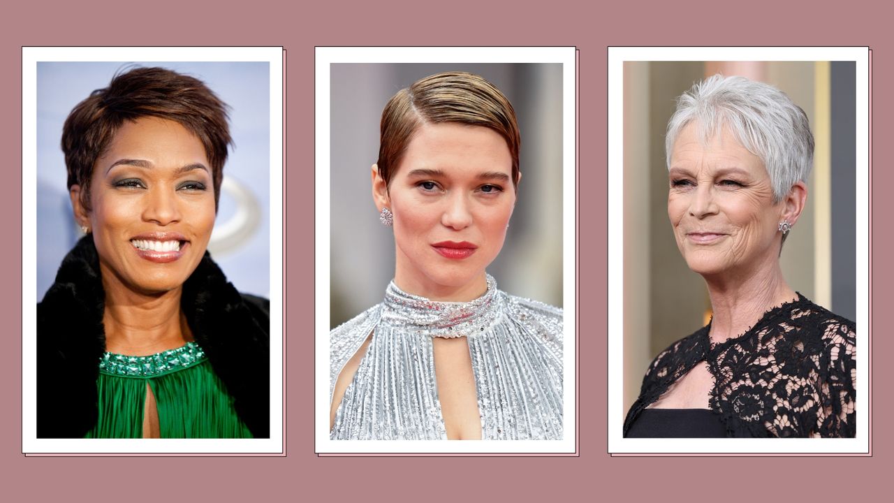 Angela Bassett, Léa Seydoux and Jamie Lee Curtis are pictured with short, pixie haircuts/ in a dark pink three-picture template