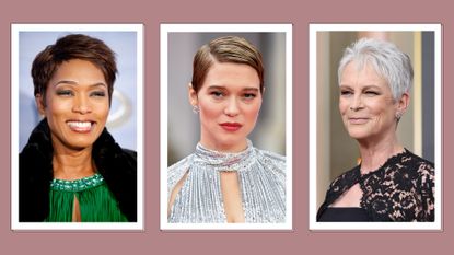 Angela Bassett, Léa Seydoux and Jamie Lee Curtis are pictured with short, pixie haircuts/ in a dark pink three-picture template