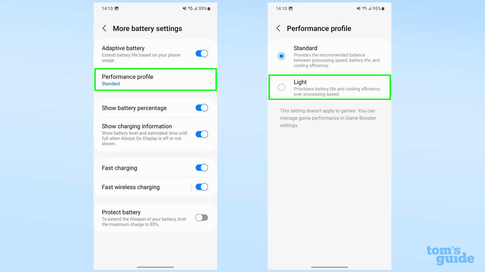 Два снимка экрана, показывающие меню дополнительных настроек батареи Samsung Galaxy S23 с выделенным режимом производительности, а затем выделенным режимом Light в подменю.