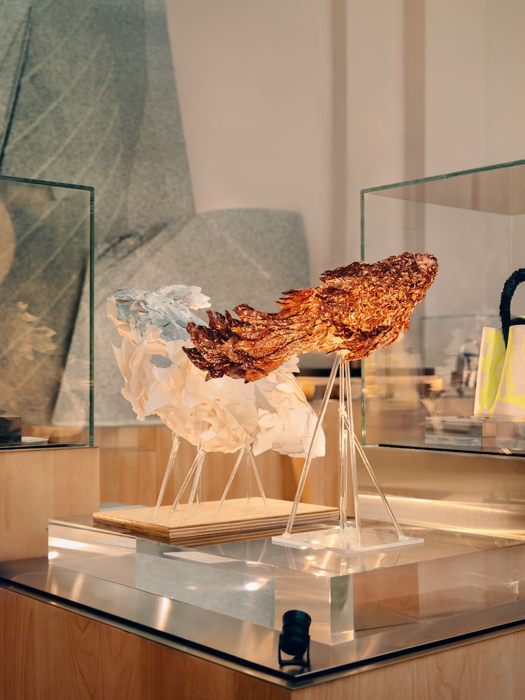 Louis Vuitton x Frank Gehry Limited-Edition Handbag Collection's coinciding exhibition boasts gigantic fish-shaped sculptures and similarly inspired bags in a stunning presentation.