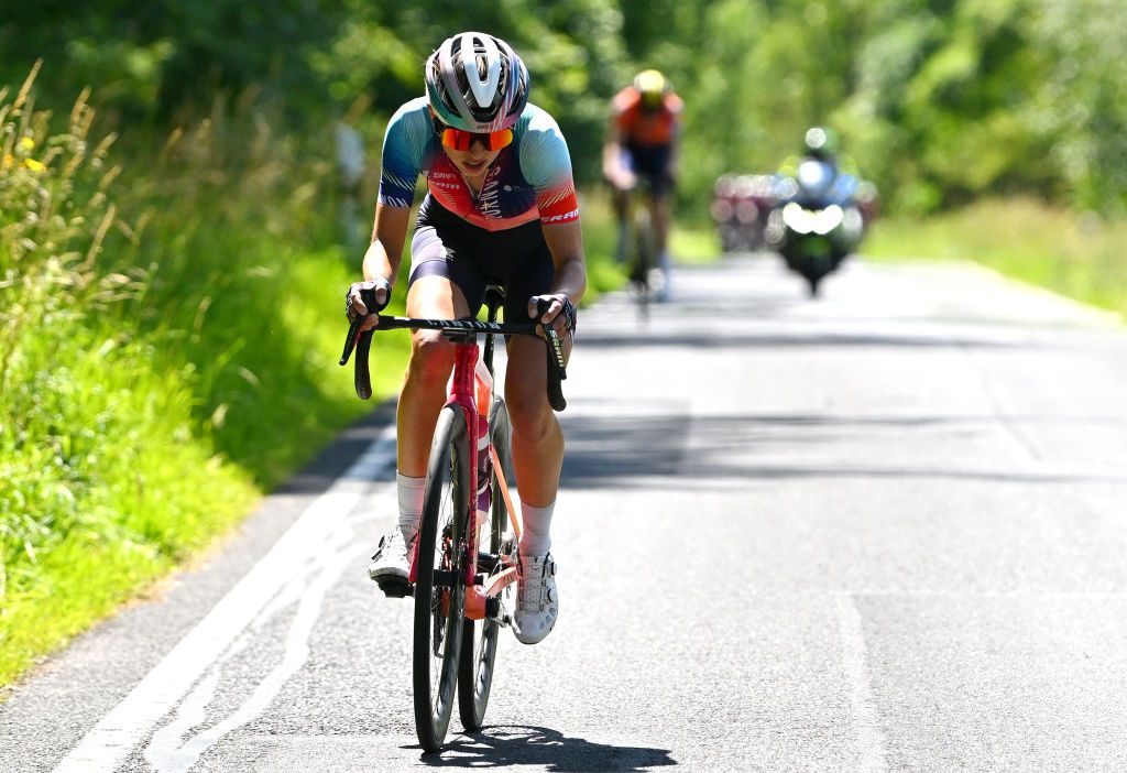 MUHLHAUSEN GERMANY JUNE 28 Katarzyna Niewiadoma of Poland and Team CanyonSRAM Racing competes in the breakaway during the 36th Internationale LOTTO Thringen Ladies Tour 2024 Stage 4 a 1114km stage from Muhlhausen to Muhlhausen on June 28 2024 in Muhlhausen Germany Photo by Luc ClaessenGetty Images