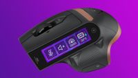A Turtle Beach Command Series MC7 gaming mouse shot from various angles on pink and purple backgrounds