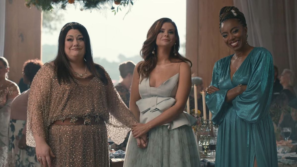 dana sue, maddie and helen at the wedding reception on sweet magnolias season 3