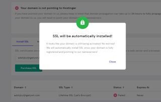 Hostinger's pop up showing that an SSL certificate will be added